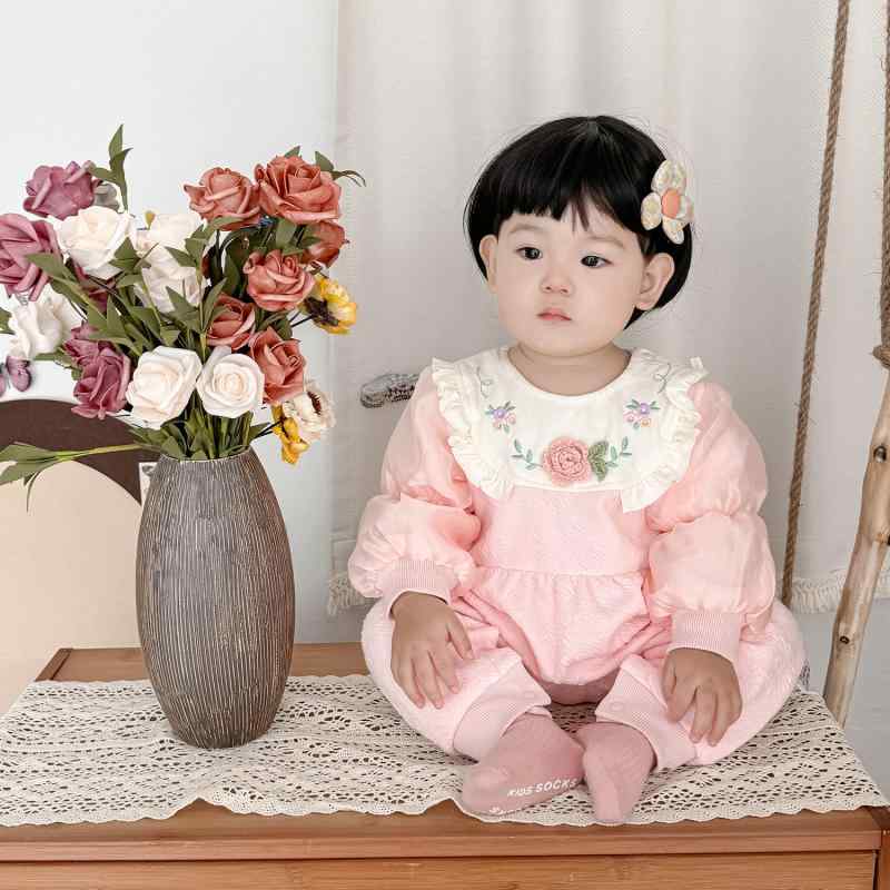 ベビー服 女の子 カバーオール ロンパース 新生児 赤ちゃん 長袖 春秋 綿100％ かわいい プリンセス風 ピンク 二重仕立て お宮参り 百日祝い お出かけ 普段使い