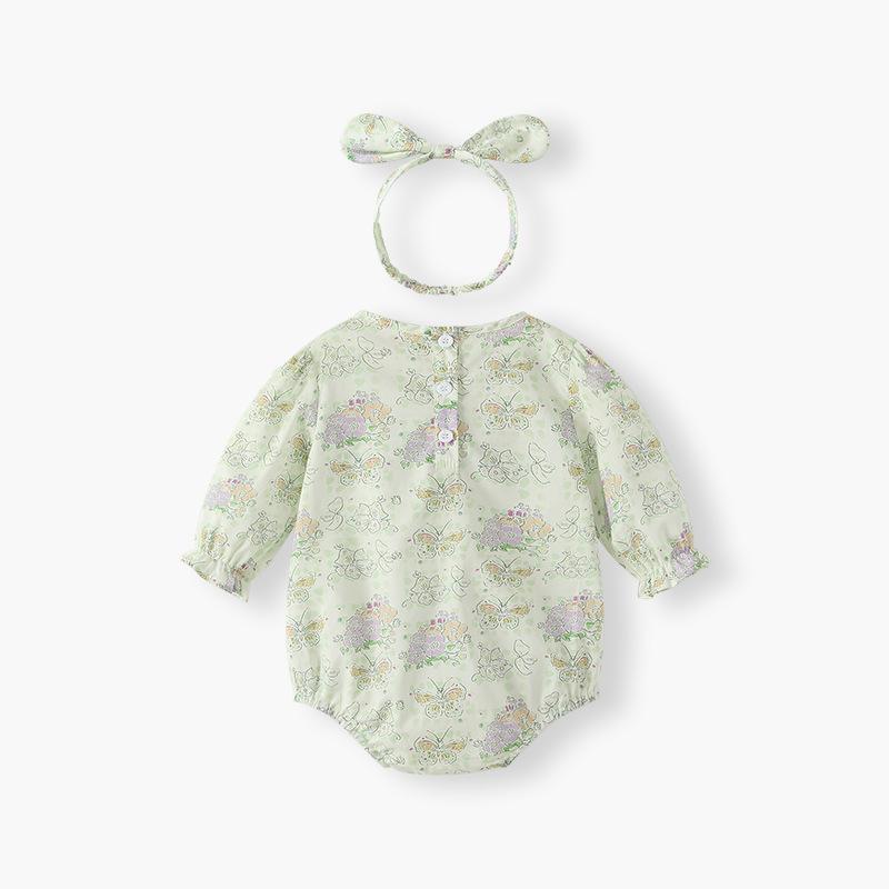 ベビー ロンパース 女の子 新生児 乳幼児 春秋 薄手 長袖 フリル襟 小花柄 蝶柄 田園風 綿 カバーオール ライトグリーン