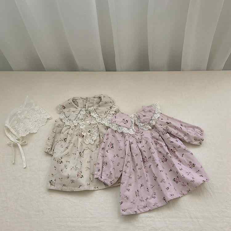 ワンピース 女の子 ベビー キッズ 小花柄 フリル襟 スウィート かわいい プリンセス Aライン 綿 柔らかい 春秋 普段使い お出かけ ロング丈 エレガント