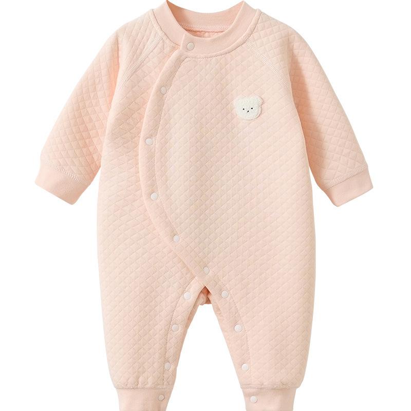 カバーオール ロンパース ベビー 男女兼用 新生児 幼児 春秋冬 長袖 綿 コットン 保温 肌着 インナー 無縫製 フラットシーマ シンプル 前開き 中綿入り 普段使い 部屋着 つなぎ