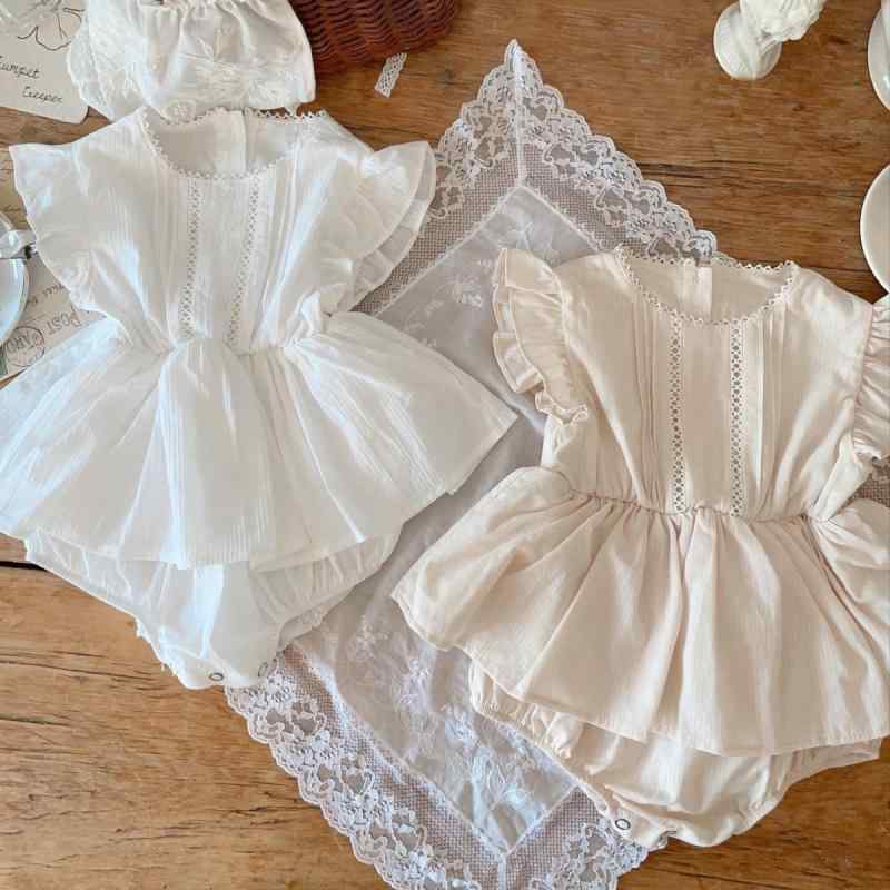 ロンパース 女の子 ベビー レース フリル袖 ワンピース型 半袖 コットン100% 肌に優しい スナップボタン 夏服 韓国風 普段着 お出かけ 白 アイボリー 幼児