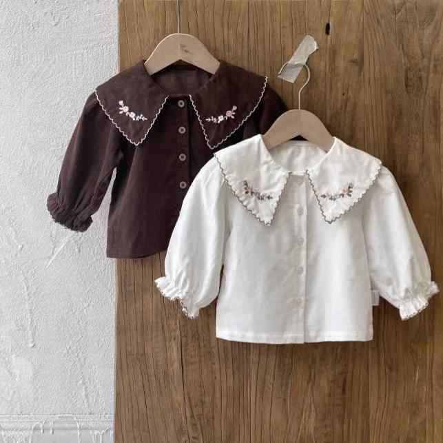 シャツ 女の子 ベビー キッズ 北欧風 刺繍 ビッグカラー バルーンスリーブ パフスリーブ 綿100% コットン100% 長袖 ブラウス 春秋 普段使い お出かけ オフホワイト ブラウン 子供服