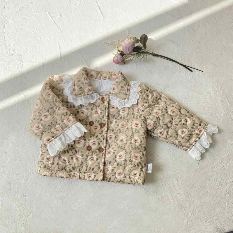 ベビーアウター 女の子 赤ちゃん 冬用 中綿ジャケット 防寒 保温 厚手 レトロ アプリコットカラー 小花柄 ダブルボタン ショート丈 ポリエステル素材 韓国風