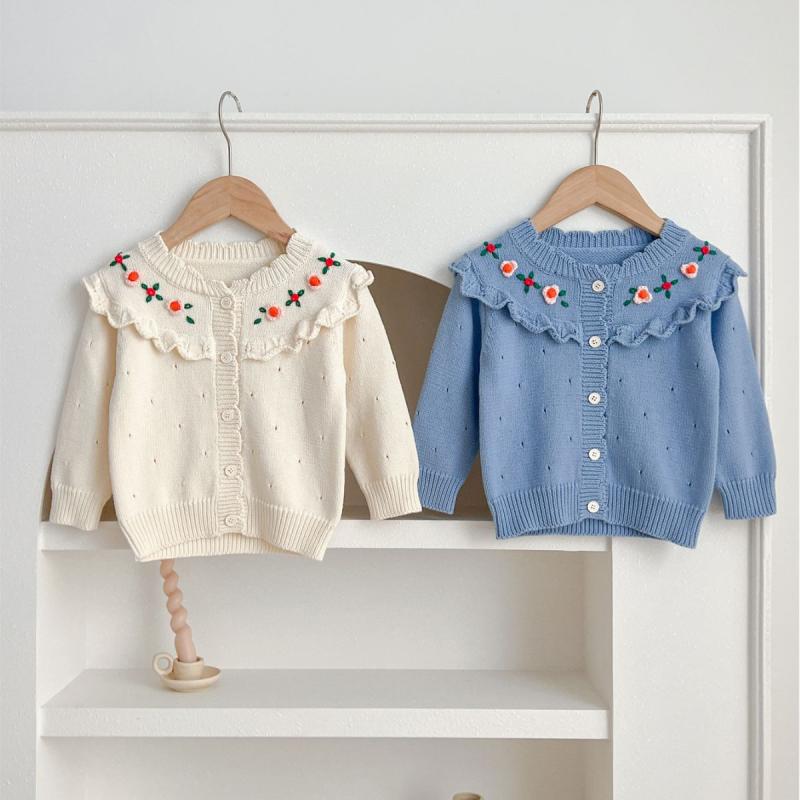 ニットカーディガン ベビー 女の子 春秋 綿100% 手刺繍 花柄 かわいい やわらか素材 クルーネック 長袖 シングルボタン 羽織り トップス お出かけ 普段使い