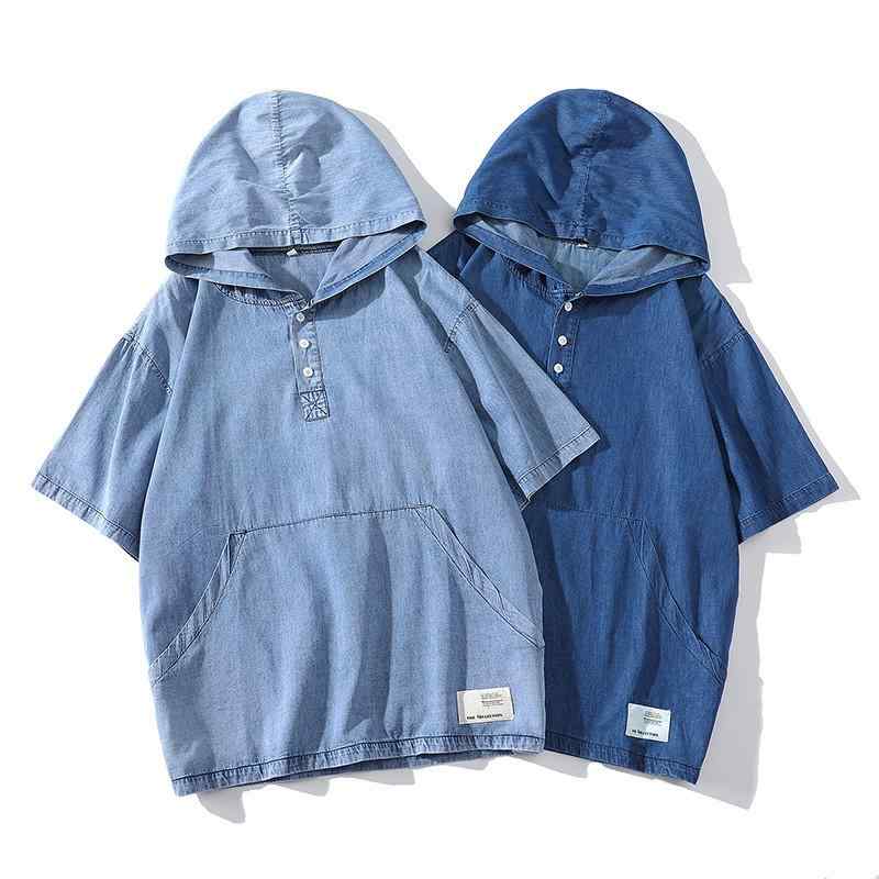 Tシャツ メンズ 半袖 デニム調 フード付き 無地 ゆったり 大きいサイズ ペアルック クルーネック 日本風 カジュアル ポリエステル綿混 通気性 ルーズフィット 普段使い デイリーユース アイロン不要 パッチワーク風 ライトブルー ダークブルー
