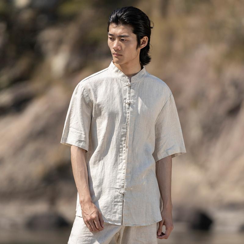 シャツ メンズ 男性用 麻 リネン 混紡 夏 薄手 ウォッシャブル ゆったり ルーズ 半袖 スタンドカラー 無地 チャイナ風 レトロ 唐装 盤扣デザイン 普段使い カジュアル トップス