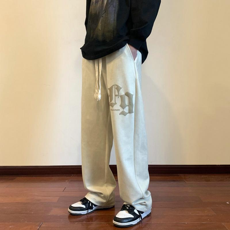 パンツ メンズ 男性用 春夏 フェイクスエード スエード調 ロゴ 発泡プリント ストレートシルエット カジュアル 普段使い リラックス ルームウェア ストレッチ 快適 ブラック ブルー アイボリー