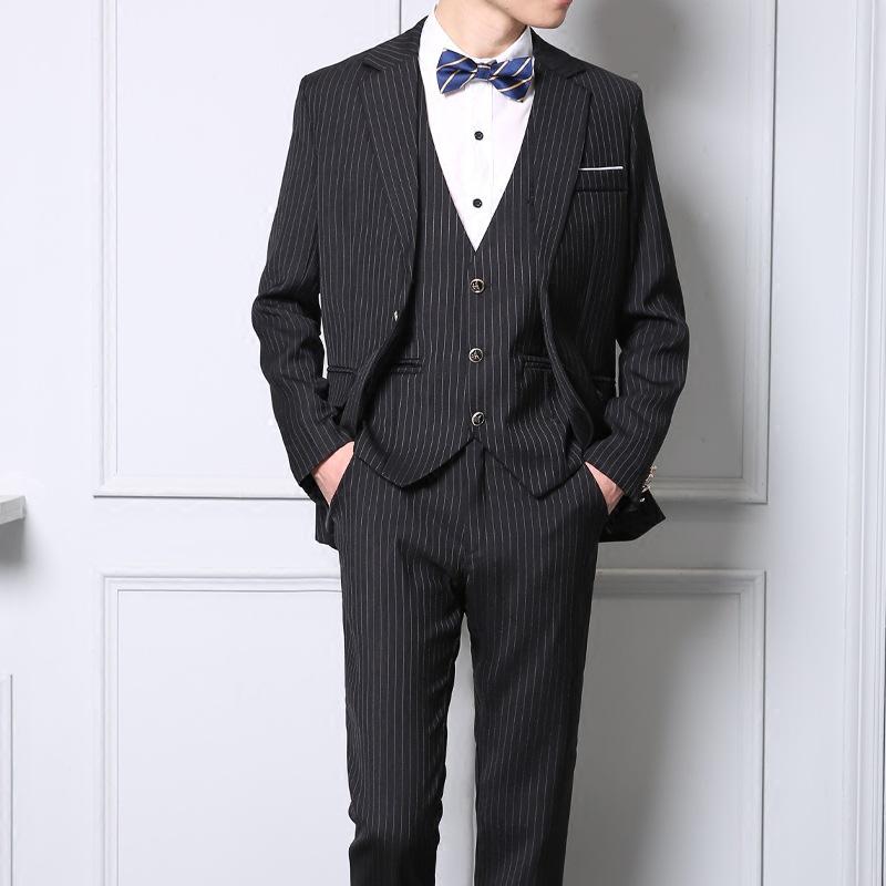 スーツ メンズ 20代 30代 スリーピース セットアップ ストライプ柄 スリムフィット 細身 綿混紡 フォーマル ビジネス カジュアル 結婚式 披露宴 パーティー 礼服 ブラック グレー ネイビー スリーシーズン