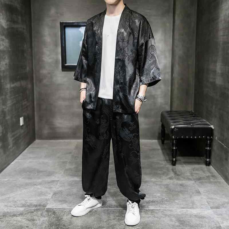 メンズ カジュアル セットアップ 夏 中国風 龍柄 接触冷感 半袖 開襟シャツ ゆったり リラックス 漢服 唐装 綿 ポリエステル 九分丈パンツ ホワイト ブラック