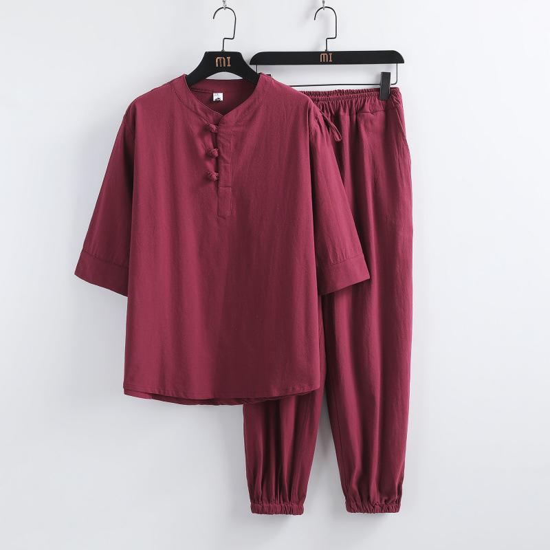 セットアップ メンズ 夏 中国風 盤釦 綿麻 リネン 大きいサイズ カジュアル 七分袖 Tシャツ 9分丈パンツ 上下セット 普段着 リラックスウェア