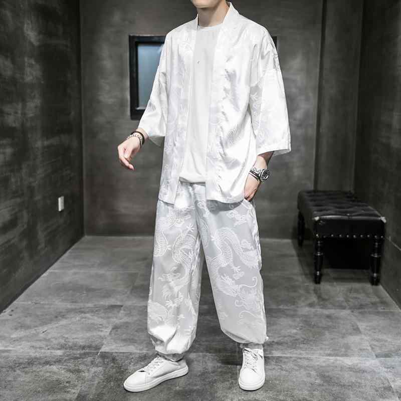漢服 メンズ 男性用 中国風 開襟シャツ カーディガン 上下セット セットアップ 龍柄 エンボス加工 七分袖 薄手 軽量 ポリエステル カジュアル 普段使い ホワイト ブラック 春夏 4,399円