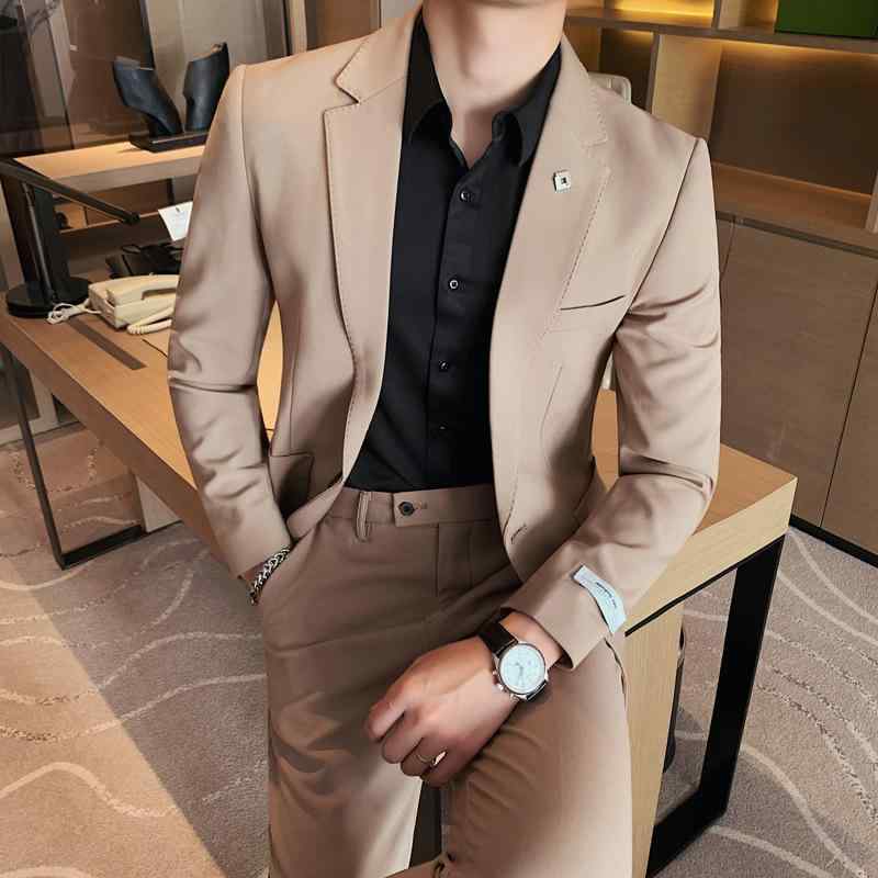 背広 メンズ 成人男性用 セットアップ 背広 春夏 心地よい 商行為 フォーマル 寄り合い 出来事 韓国風 格好のいい か細い相応う 細身 ノッチドラペル アセテート混 黒いこと 象牙色 カーキ ミストブルー