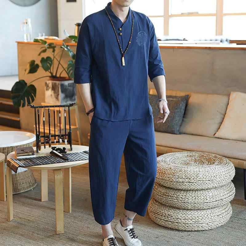 セットアップ メンズ カジュアル エスニック風 綿麻 7分袖 Tシャツ 9分丈パンツ 大きいサイズ 普段着 部屋着 ゆったり 涼しい 2点セット 夏