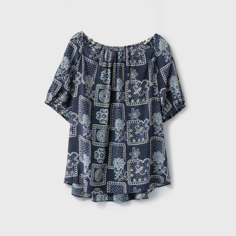 Tシャツ レディース 春夏 チャイナ風 接触冷感 吸汗速乾 シルク調 半袖 丸首 植物花卉 プリント バルーンスリーブ プルオーバー チュニック ゆったり 通勤 エレガント おしゃれ|way-ugo