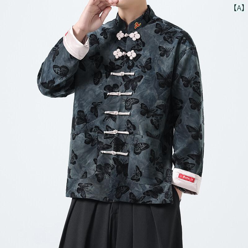 チャイナジャケット メンズ 春夏 新中華風 エスニック 蝶柄プリント タイダイ 絞り染め 立体フロッキー加工 手編みチャイナボタン ポリエステル ベロア調 カジュアルスタイル ブラック ゴールド