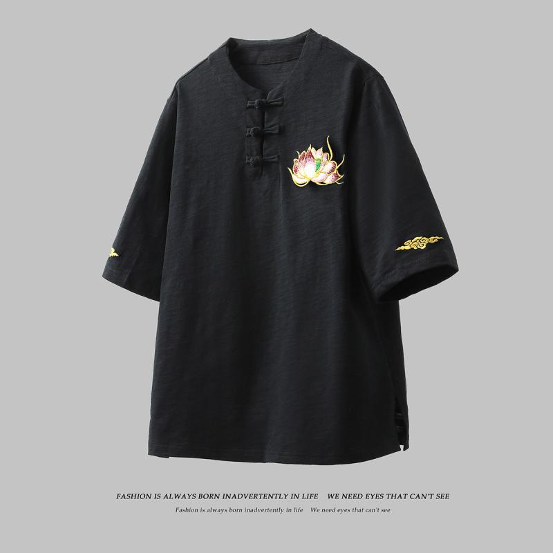 Tシャツ メンズ 春夏 中華風 蓮 刺・墸 祥雲柄 盤扣 綿麻 リネン 無地 ゆったり ビッグシルエット プルオーバー 丸首 五分袖 薄手 カジュアル 普段使い ドロップショルダー