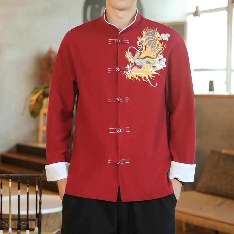 シャツ メンズ 男性用 中国風 チャイナ レトロ 綿麻 ドラゴン刺繍 胸元 開襟 スタンドカラー 長袖 ゆったり ルーズフィット カジュアル 春秋 ブラック ベージュ レッド 大きいサイズ