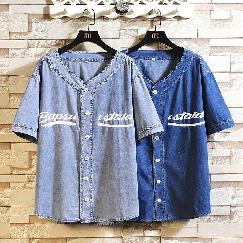 シャツ メンズ 春夏 綿 デニム 半袖 Tシャツ Vネック 開襟 和風 レトロ 大きいサイズ おしゃれ プリント 薄手 通気性 普段使い カジュアル ストリート ブルー