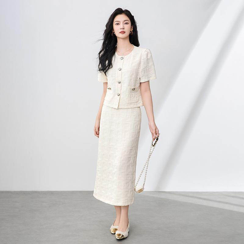 セットアップ レディース 女性用 半袖トップス テクスチャー編み柄 ミモレ丈タイトスカート フレンチシック 上品 エレガント 通勤 オフィス カジュアル ポリエステル アプリコット 夏
