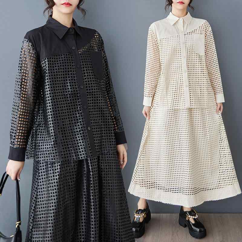 セットアップ レディース 春 秋 透かし編み メッシュ フェイクレザー シャツ トップス 長袖 ポロ襟 ボリューム袖 デザイン Aライン スカート ボトムス ゆったり ルーズ きれいめカジュアル 通勤 ブラック ベージュ
