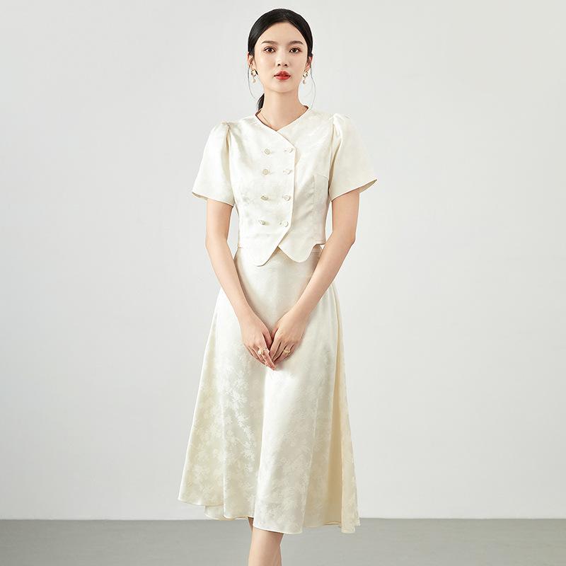 セットアップ レディース 名媛風 ライトラグジュアリー ジャカード織り ショート丈ジャケット ハイウエストスカート ウエストマーク ベージュ 春夏