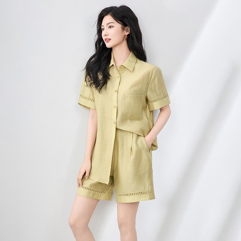 セットアップ レディース 半袖 シャツジャケット ショートパンツ テンセル リネンブレンド ゆったり カジュアル 通勤 エレガント フレンチスタイル 着痩せ 春夏
