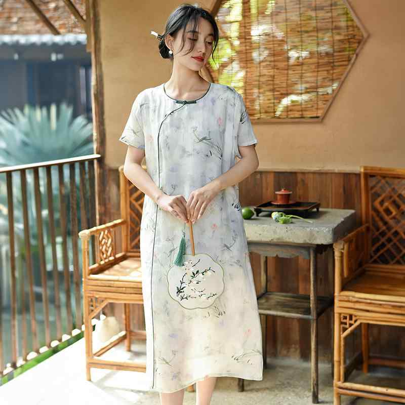 ワンピース レディース 春夏 新中国風 改良チャイナドレス チャイナ服 麻 ラミー 半袖 花柄 フラワー Aライン ミディ丈 ラウンドネック 高級感 エレガント レトロ 普段使い