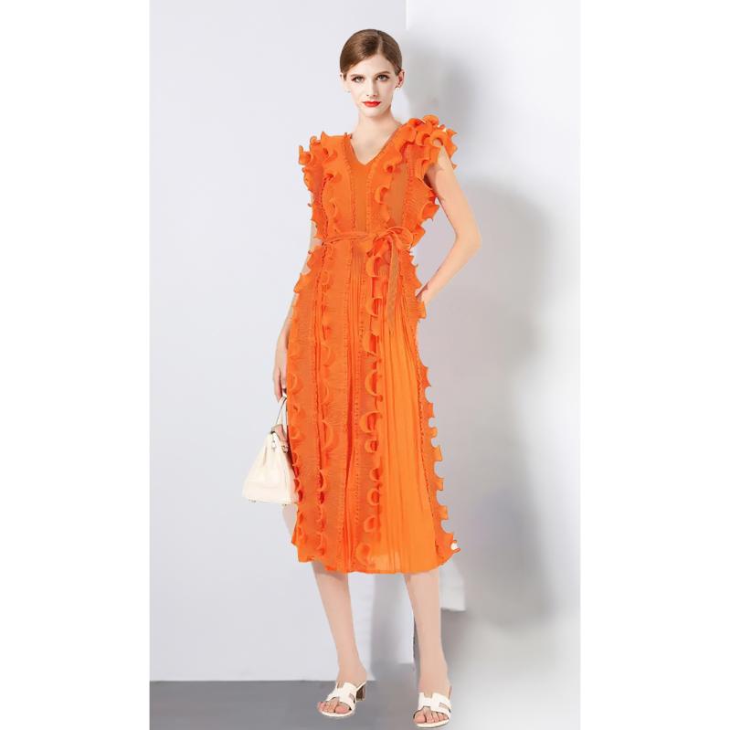 ワンピース レディース ロング丈 プリーツ メロウフリル ラッフル Vネック ノースリーブ 大きいサイズ 着痩せ 体型カバー TR素材 ポリエステル 欧米スタイル アフリカン レトロ 春夏
