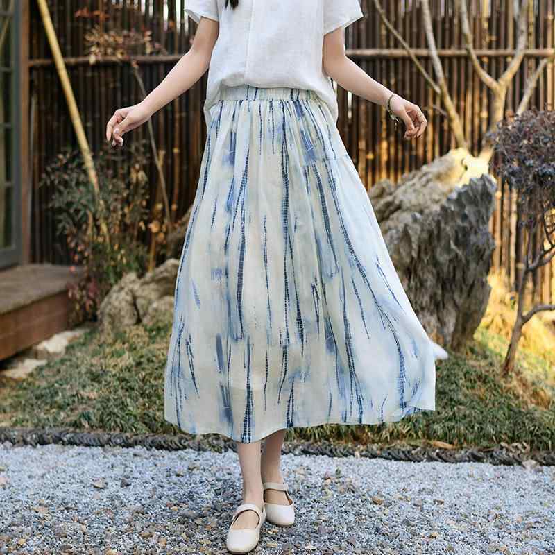 スカート レディース 新中式 チャイナ風 抽象柄 プリント ラミー 綿麻 ロング丈 Aライン フレアスカート 高級感 エレガント 上品 通気性 涼しい リゾート お出かけ 普段使い 春夏