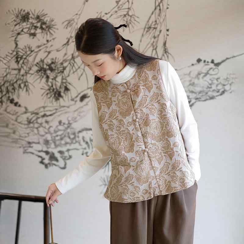 ベスト ジレ レディース レトロ チャイナ風 高級感 ウール混 ジャカード 花柄 中綿 丸首 前開き 秋冬 カジュアル 羽織り