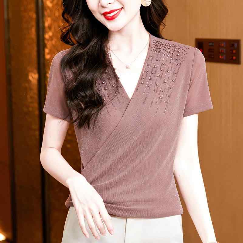 Tシャツ レディース 春夏 エレガント 着回し クロスVネック ラインストーン ビーズ 無地 メッシュ 半袖 透け感 スリムフィット 伸縮性 ブラック パープル ブルー ピンク