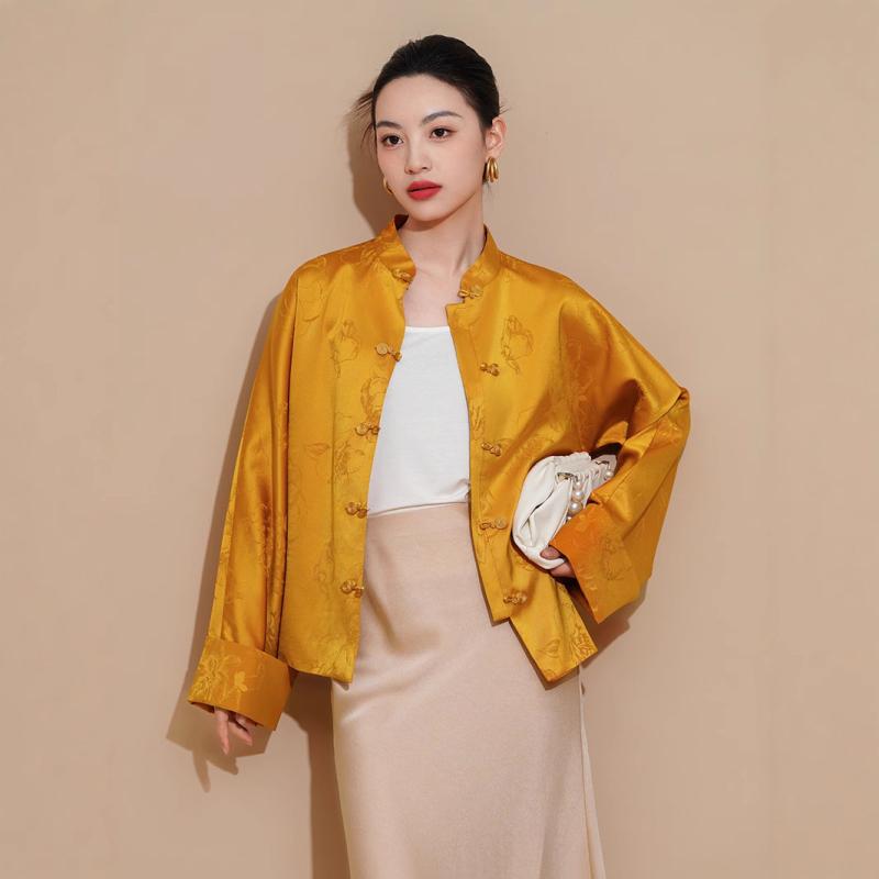 チャイナジャケット レディース 新中国風 ゴールド 高級感 上品 薄手 トリアセテート シルク ポリエステル 春夏 ジャガード織り お呼ばれ パーティー｜way-ugo