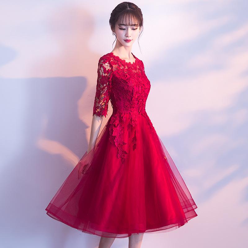 イブニングドレス レディース 花嫁 新婦 結婚式 披露宴 婚約 二次会 お呼ばれ パーティ レッド 赤 ワインレッド 細見え Aライン ミドル丈 ミモレ丈 五分袖 春夏 ポリエステル