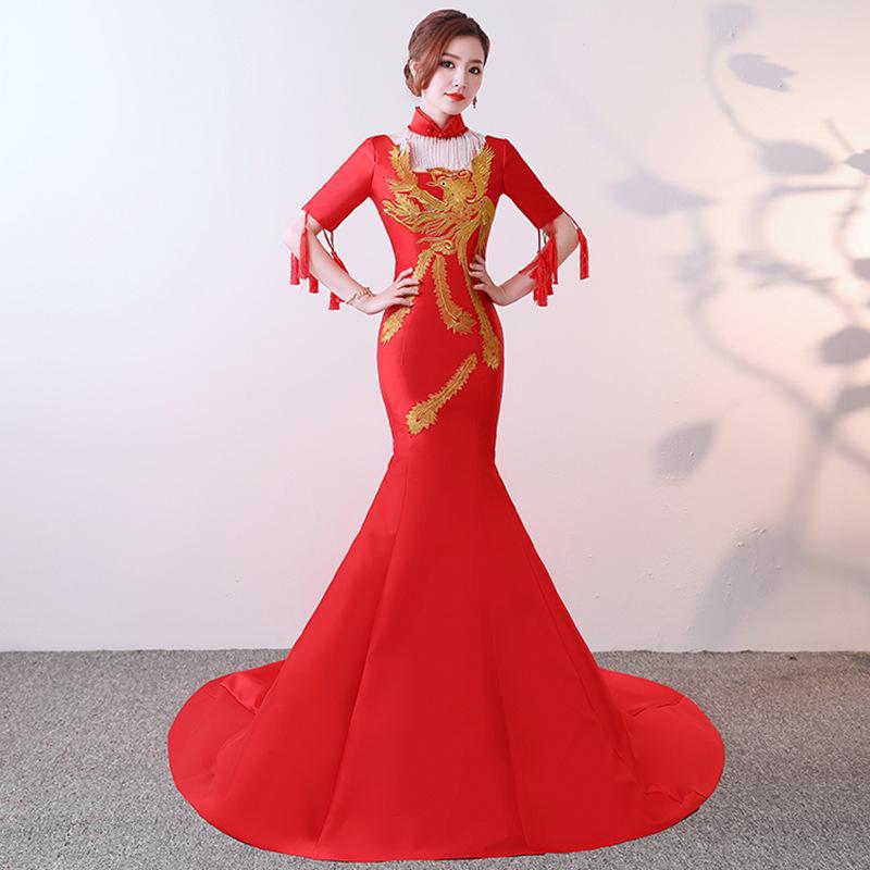 ドレス レディース チャイナ風 イブニングドレス ロング丈 レッド シフォン ポリエステル 舞台 衣装 発表会 演奏会 パフォーマンス 撮影用 フォトウェディング ロングトレーン ハイウエスト レースアップ エレガント