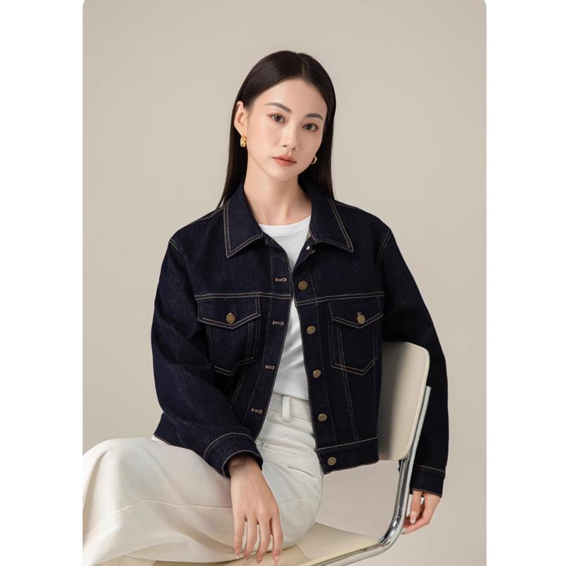 デニムジャケット Gジャン レディース 女性用 秋冬 小柄 ショート丈 ネイビー ルーズシルエット 長袖 POLO襟 コットン デニム カジュアルスタイル 日韓ファッション トップス