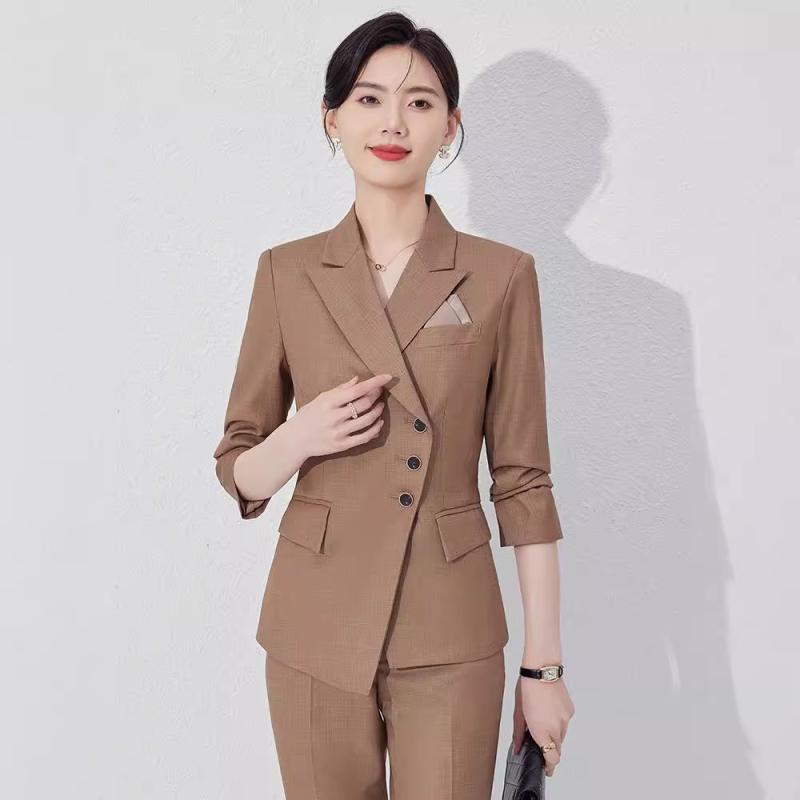 スーツ レディース 秋冬 セットアップ ジャケット アウター ホテル フロント 受付 制服 ビジネス オフィス 仕事着 通勤 正装 フォーマル 上品 エレガント きれいめ ポリエステル 綿 再生繊維 ブラック グレー カーキ ワインレッド
