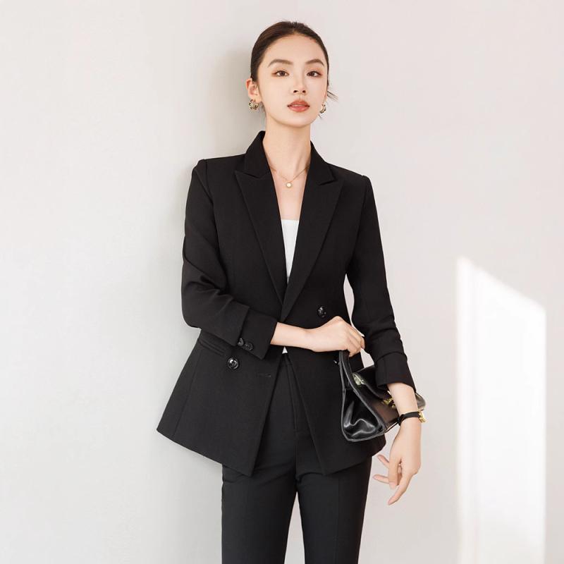 セットアップ レディース ブラック スーツ ジャケット パンツ 春夏 面接 就活 公務員 オフィス ビジネス 通勤 フォーマル 事務服 長袖 長ズボン ポリエステル スパンデックス エレガント 上品