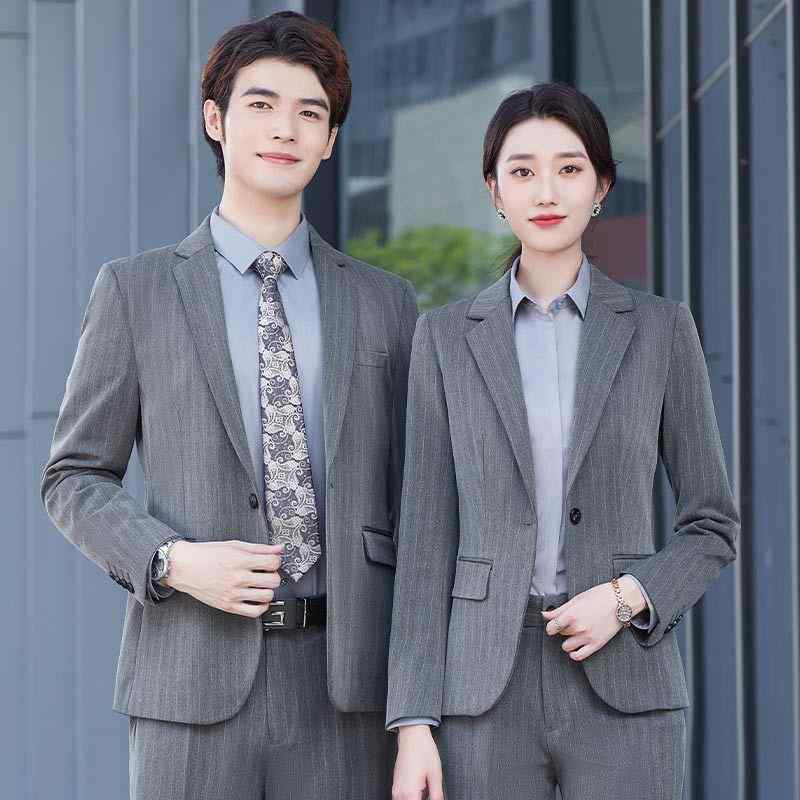 背広 男女兼用 ユニ一発やる 長袖 上衣 ロングズボン下 セットアップ フォーマル 商行為 執務室 事務服 通い 泊まり 四輪車商売人 指導員 勤務場所 ユニフォーム 制服 ポリエステル 人絹混 薄墨色 縞模様 春夏