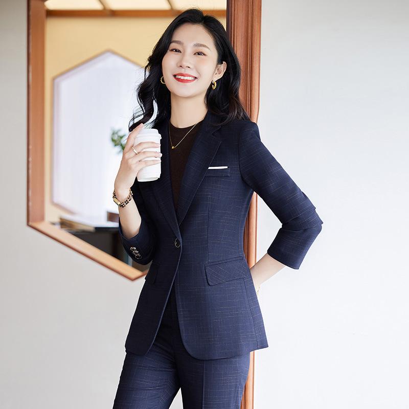 ジャケット レディース 女性用 アウター ビジネス オフィス フォーマル 面接 スーツ セットアップ 高級感 エレガント 春秋 ポリエステル レーヨン素材 ネイビー 紺色 きれいめ 通勤スタイル キャリア