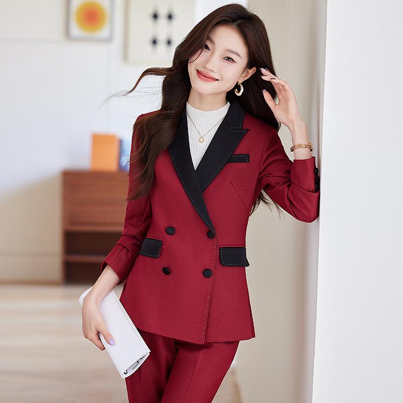 スーツ セットアップ レディース 女性用 韓国風 おしゃれ カジュアル ビジネス オフィス 通勤 フォーマル 入学式 卒業式 ポリエステル スパンデックス ストレッチ 長袖 ロングパンツ 微フレアパンツ 春夏 レッド グリーン パープル ブラック