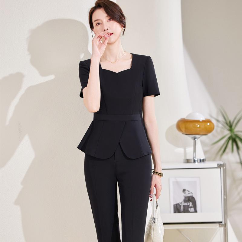 セットアップ レディース 事務服 オフィス ビジネス 半袖 薄手 春夏 通勤 受付 制服 ポリエステルトレッチ ジュエリーショップ エステサロン スカート パンツ