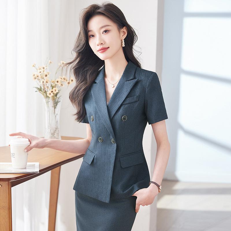 ジャケット レディース 半袖 薄手 春夏 上品 エレガント 宝飾店 オフィスウェア 事務服 ポリエステル混紡 セットアップ スーツ