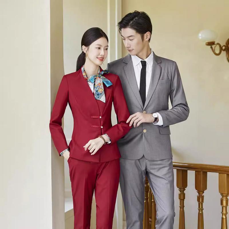 スーツ 男女兼用 ビジネス フォーマル オフィス 制服 セットアップ ジャケット パンツ 春秋冬 ポリエステル ストレッチ 紺 赤 グレー 通勤 リクルート 事務服