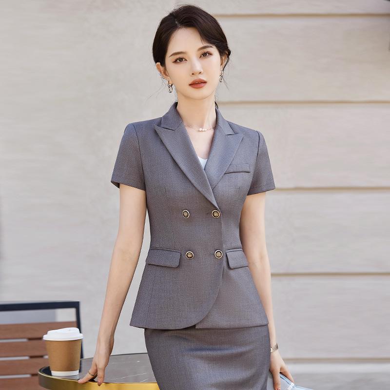 スーツ レディース 女性用 半袖 薄手 春夏 セットアップ ポリエステル ポリウレタン 高級感 エレガント スリムフィット 美容院 宝飾店 不動産 事務服 オフィス 接客業 制服 ビジネス 通勤