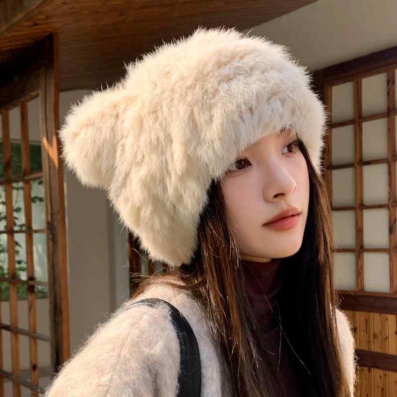 ニット帽 レディース 猫耳 ラビットファー 防寒 保温 あたたかい ふわふわ 耳あて付き スイートキュート 秋冬 カジュアル 防風 丸いフォルム
