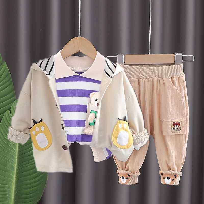 セットアップ 男の子 ベビー 男児 フード付きジャケット パーカー 襟付きトップス 長袖 ロングパンツ 3点セット 立体くま ベア コットン 綿 春物 カジュアル おしゃれ かわいい 普段使い 通園