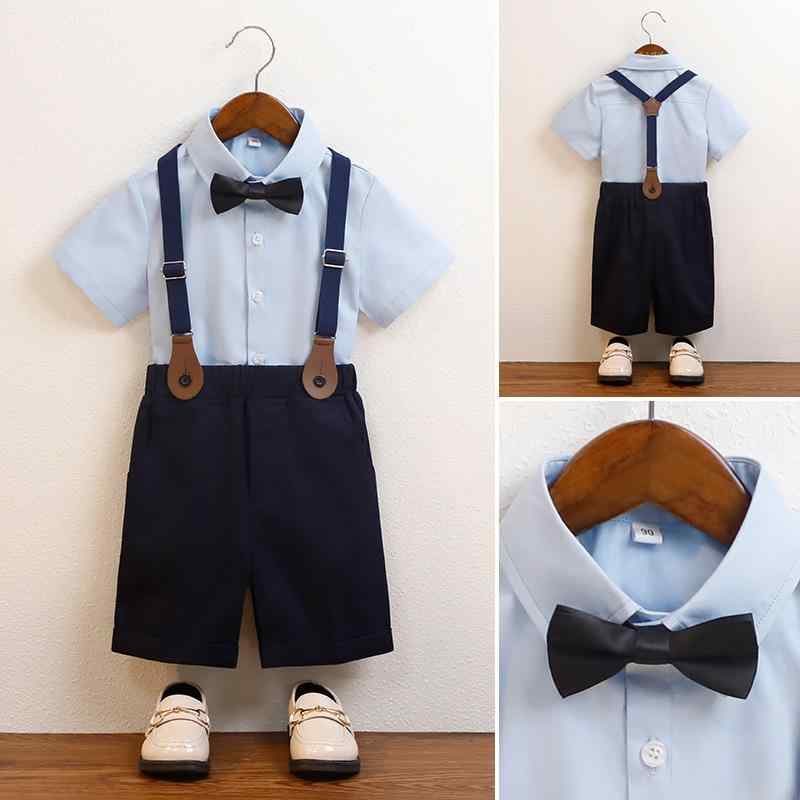 セットアップ 男の子 キッズ 子供服 半袖シャツ サスペンダー付き ショートパンツ 2点セット ブルー 韓国風 かわいい おしゃれ フォーマル 礼服 発表会 入学式 結婚式 七五三 夏 カジュアル
