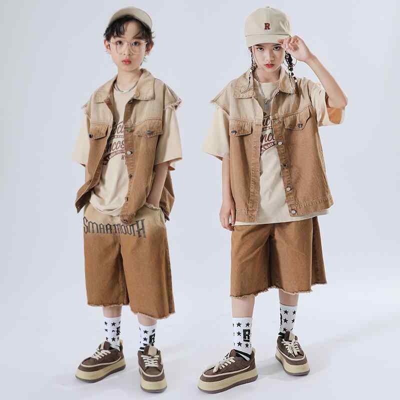 ダンスウェア キッズ 男児 女児 ストリート ヒップホップ ジャズ セットアップ 上下セット 発表会 衣装 練習着 ステージ ファッションショー デニム コットン 春夏 トレンド