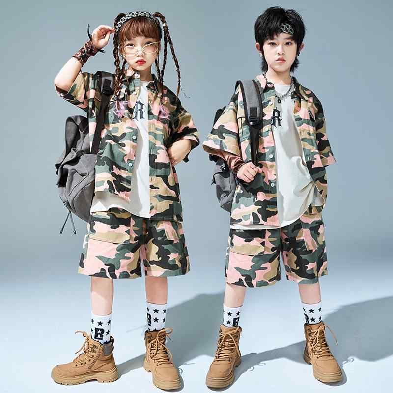 キッズ ダンス衣装 男の子 女の子 ストリート ヒップホップ 迷彩柄 半袖シャツ ショートパンツ セットアップ ピンク 夏 イベント 発表会 ステージ衣装 綿 コットン 通気性