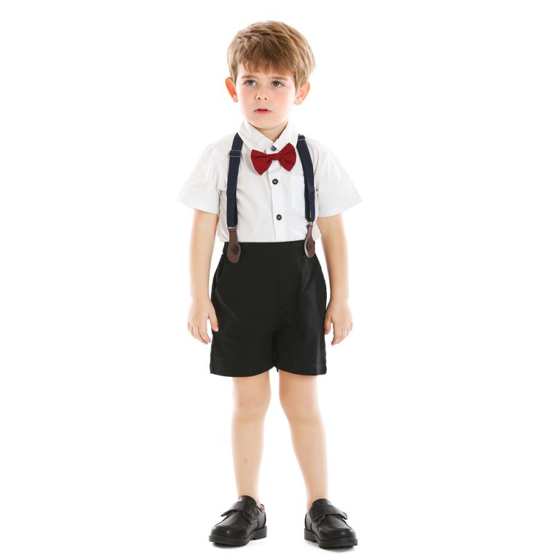キッズ 男の子 半袖 白シャツ サロペット ショートパンツ 紳士 セットアップ 2点セット ボウタイ付き 夏 欧米風 綿 無地 柔らかい フォーマルウェア 結婚式 発表会 お出かけ 中大童 ジュニア ボーイズ